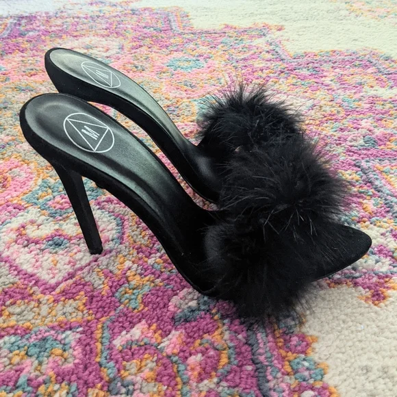 Black Feather Peep Toe Mules - Picture 2 of 5